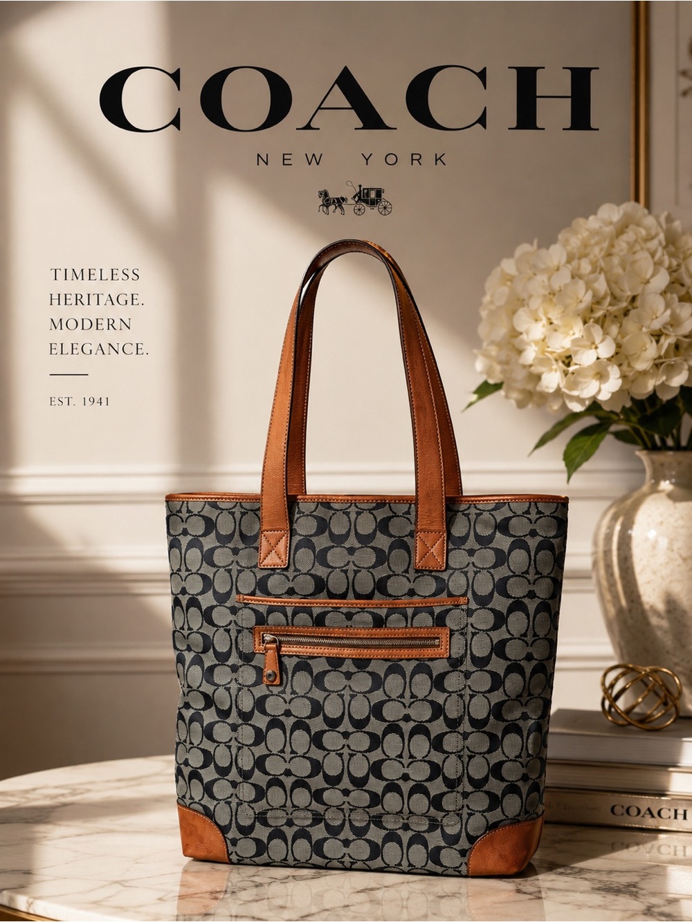 COACH Hamptons Signature Tote Bag Style 6071 Blue Jacquard Canvas Tan Leather